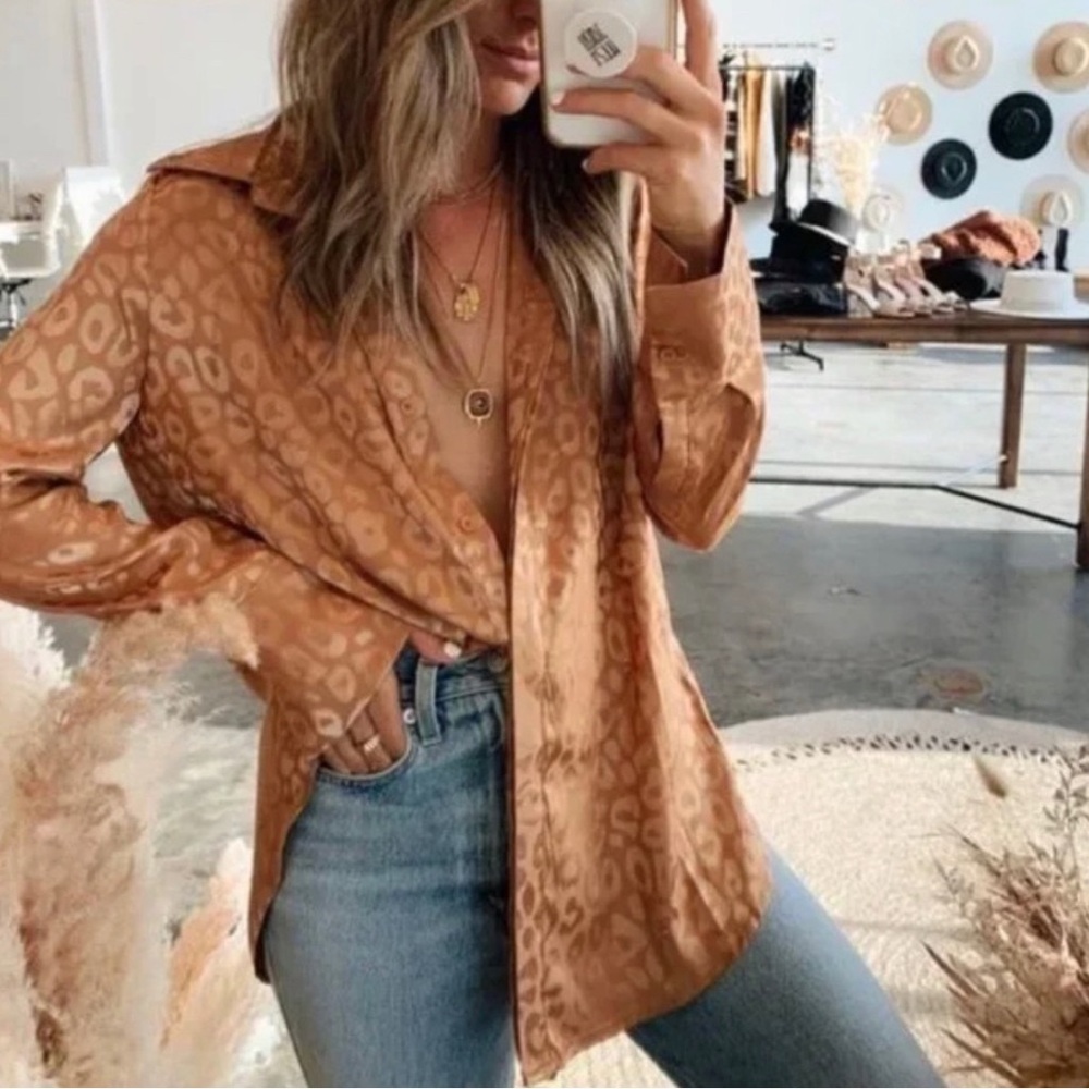 12th Tribe Gold Satin Animal Print Blouse